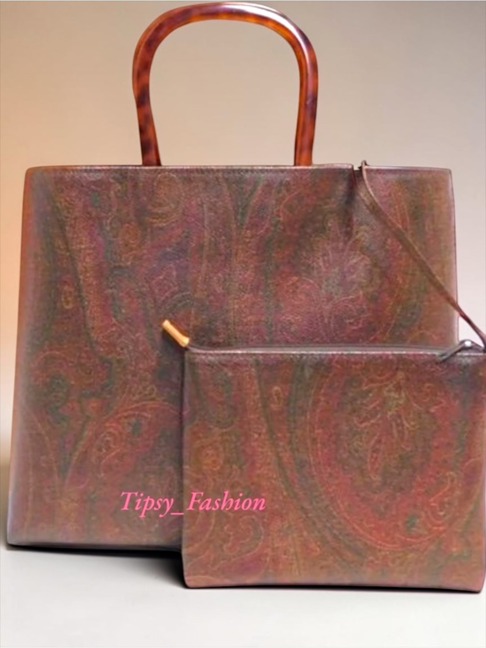 Etro Bordeaux Paisley PVC Tote Bag with Zipper Pouch Italy
